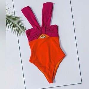 Nensi Dojaka Burnt Tangerine Fuchsia Pink Butterfly cutout one piece swimsuit